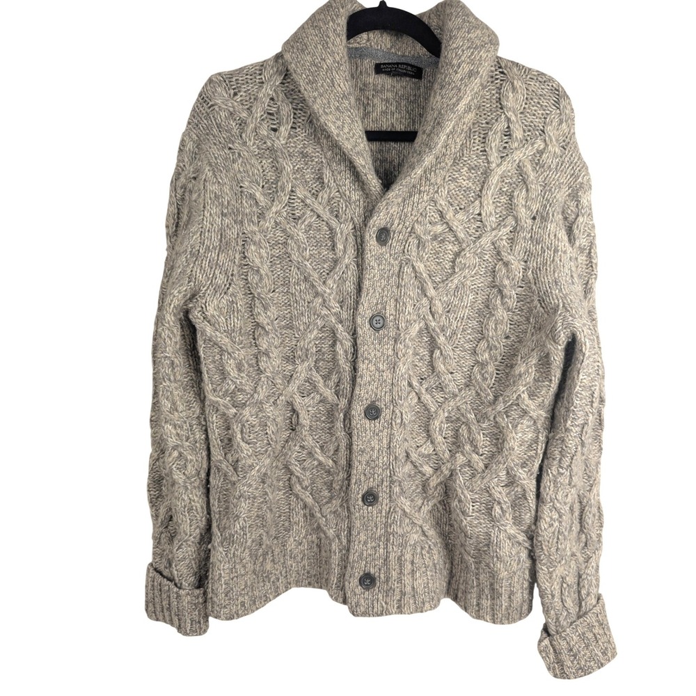 M Mens Banana Republic Italian Yarn Cable Knit Shawl Cardigan Gray Oatmeal